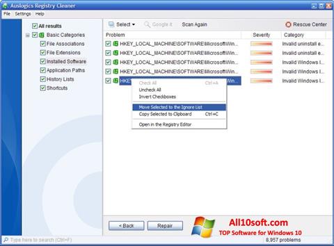Snimak zaslona Auslogics Registry Cleaner Windows 10