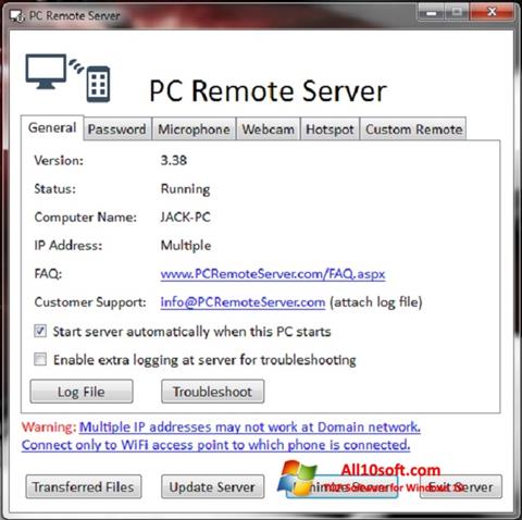 Snimak zaslona PC Remote Server Windows 10