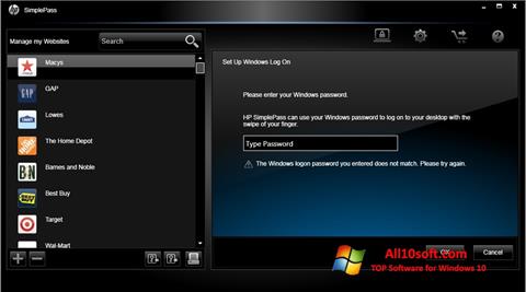 Snimak zaslona HP SimplePass Windows 10