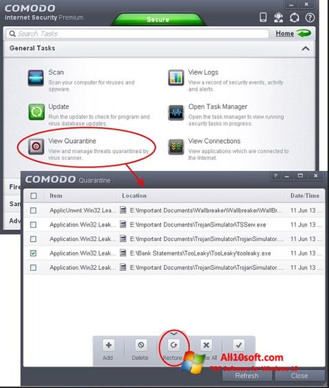 Snimak zaslona Comodo Internet Security Windows 10